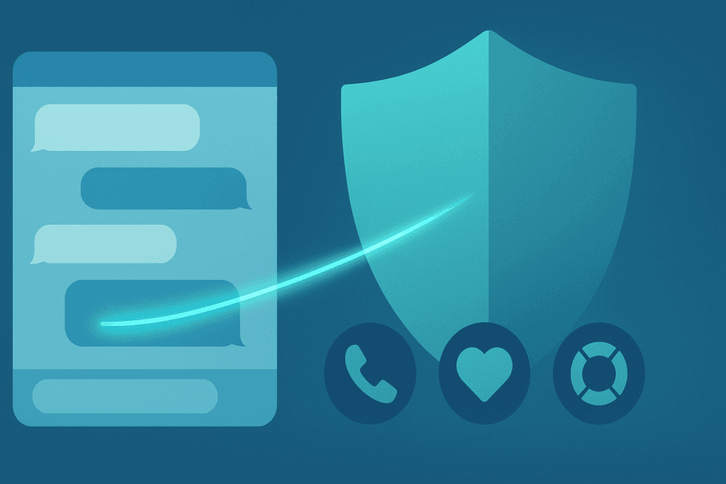 Shield overlay redirects a chatbot message toward help icons, illustrating a safety layer for safeguarding mental-health chats and crisis hand-offs.