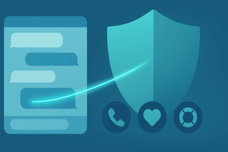 Shield overlay redirects a chatbot message toward help icons, illustrating a safety layer for safeguarding mental-health chats and crisis hand-offs.