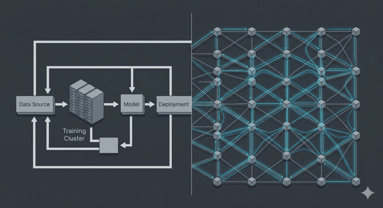 Diagram comparing traditional model retraining pipelines with a persistent intelligent substrate that adapts through runtime state transitions.