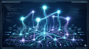 Illustration of multiple autonomous AI agents connected through a glowing neural substrate network, showing persistent memory, signal flow, and coordination between agents.