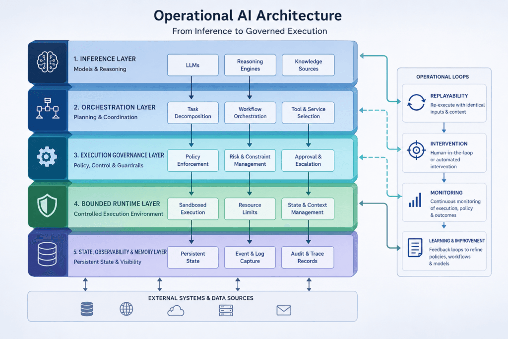 Diagram showing the execution gap in AI and how runtime governance, bounded autonomy, replayability, and operational trust interact within operational intelligent systems.