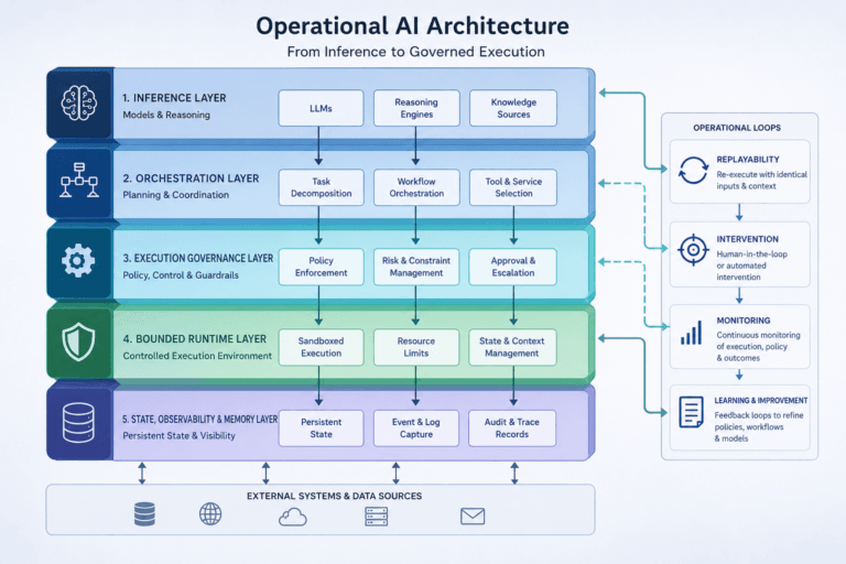 Diagram showing the execution gap in AI and how runtime governance, bounded autonomy, replayability, and operational trust interact within operational intelligent systems.